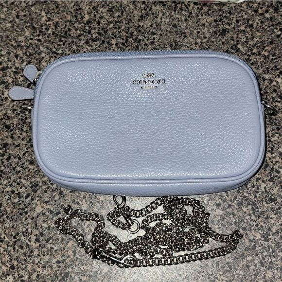 Coach Leather Double Zip Crossbody Purse Handbag w Chain Strap - Pool Blue - Picture 9 of 10